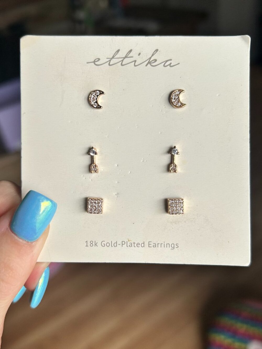 Ettika 18K Gold Plated Celestial Stud Earring Set Moon Arrow Crystal Square
